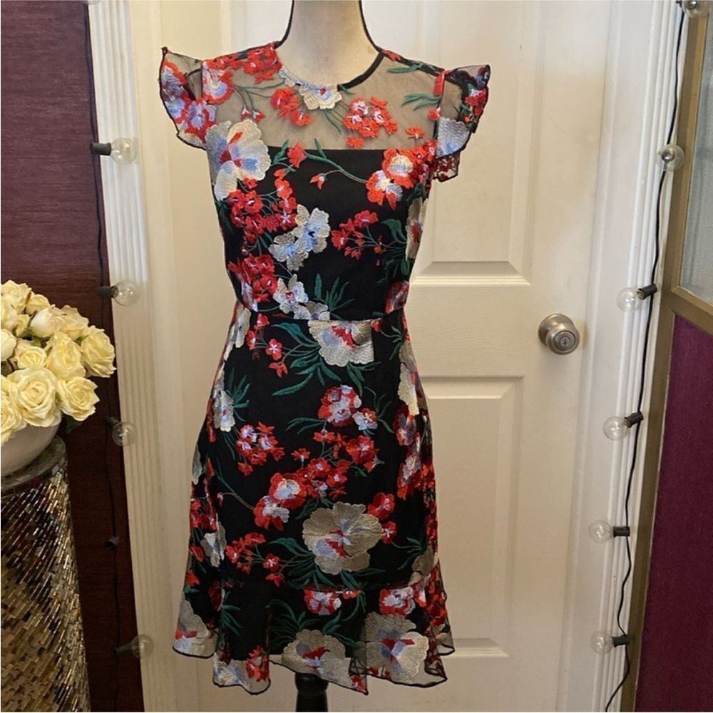Donna Morgan Black Dress with Red and White Floral Design, US0